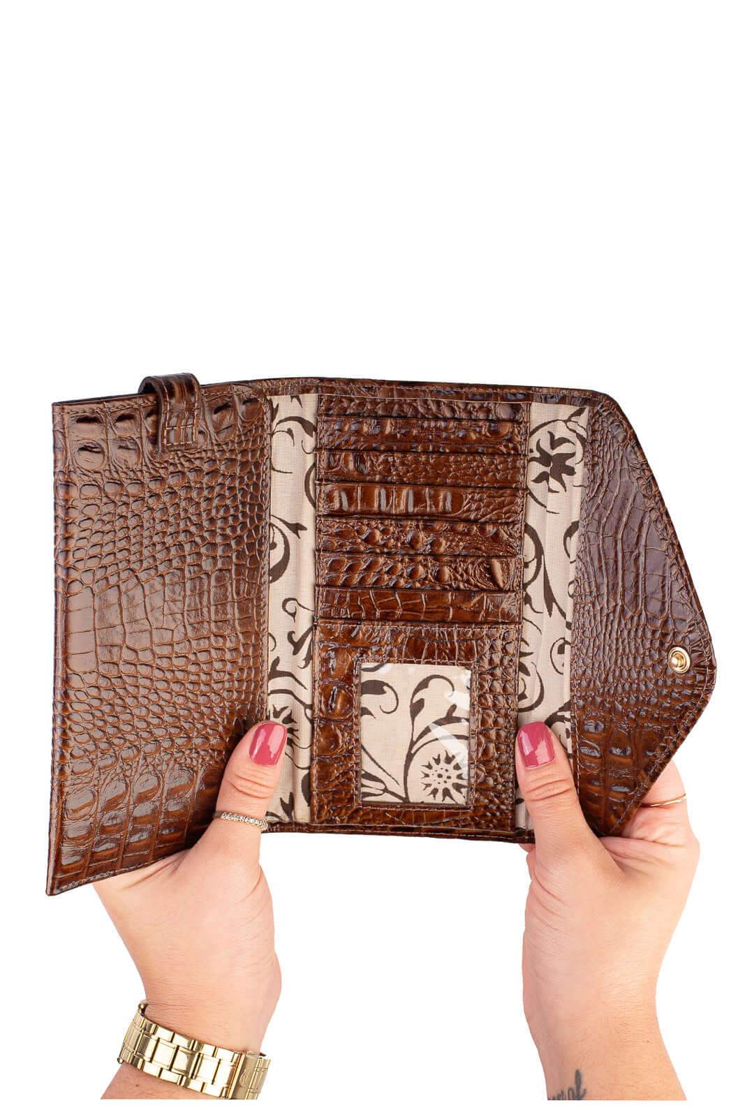 Carteira feminina de couro croco Clara 10,5x19cm - Enluaze