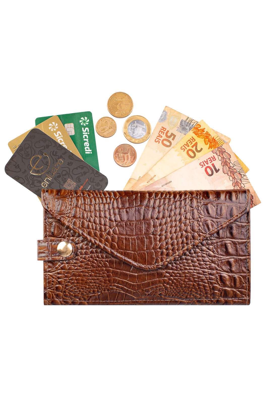 Carteira feminina de couro croco Clara 10,5x19cm - Enluaze