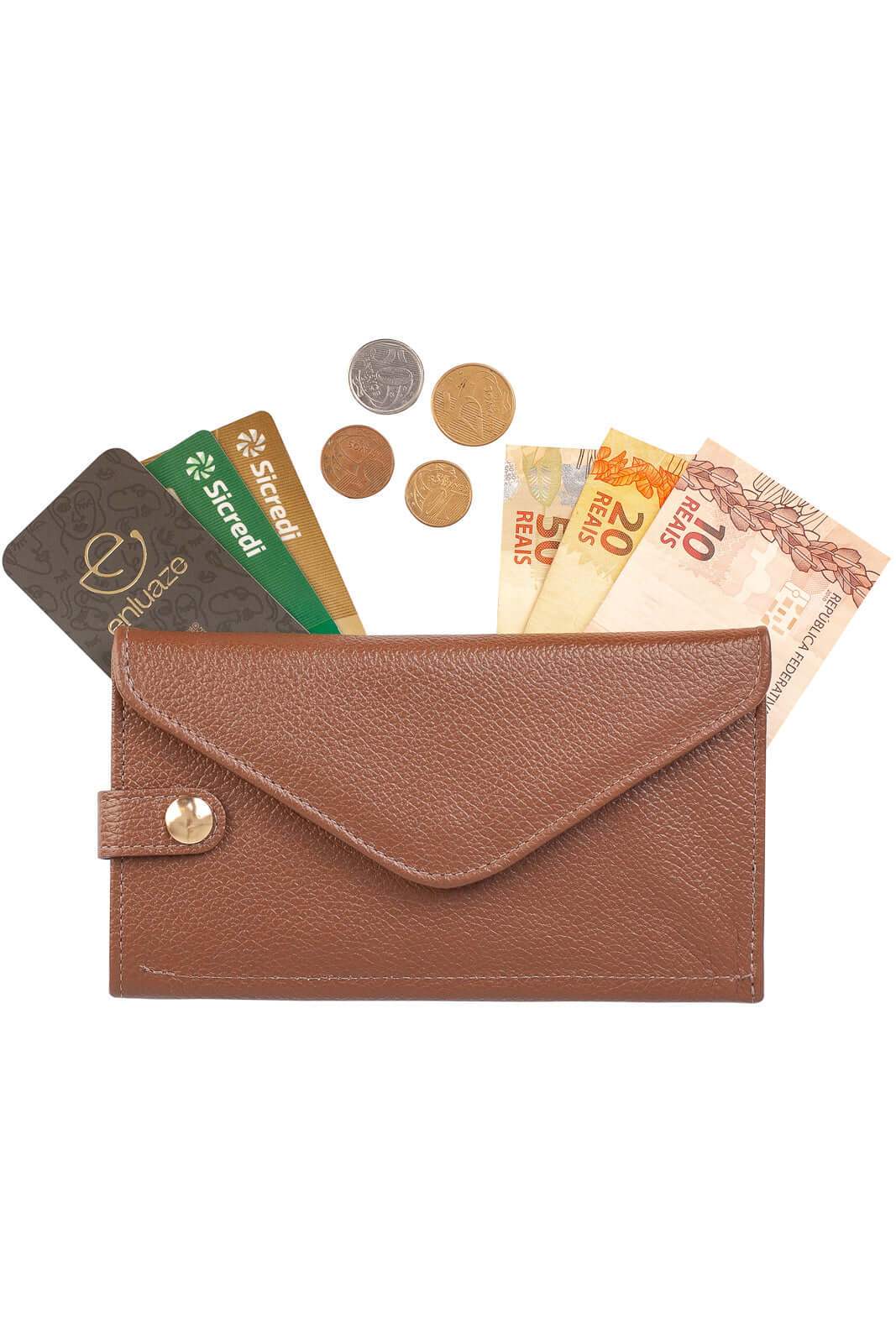 Carteira feminina de couro liso Clara 10,5x19cm - Enluaze