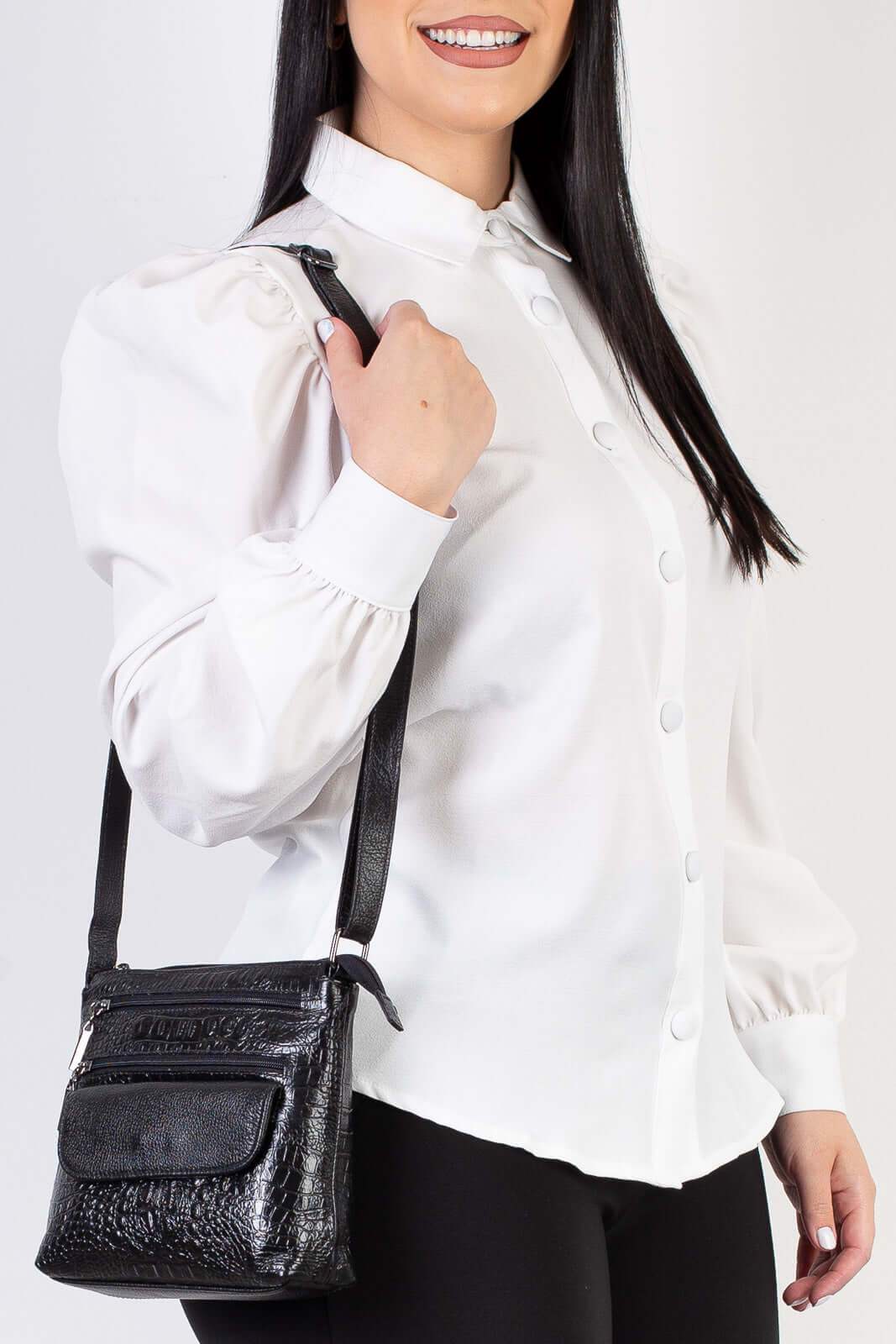 Bolsa transversal de couro croco metais grafite Maura - Enluaze