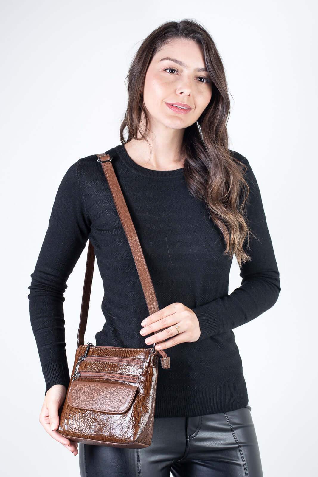 Bolsa transversal de couro croco metais grafite Maura - Enluaze