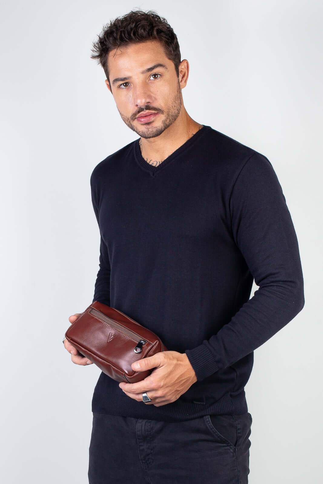 Necessaire masculina em couro italiano Daily 10x20x8cm - Enluaze