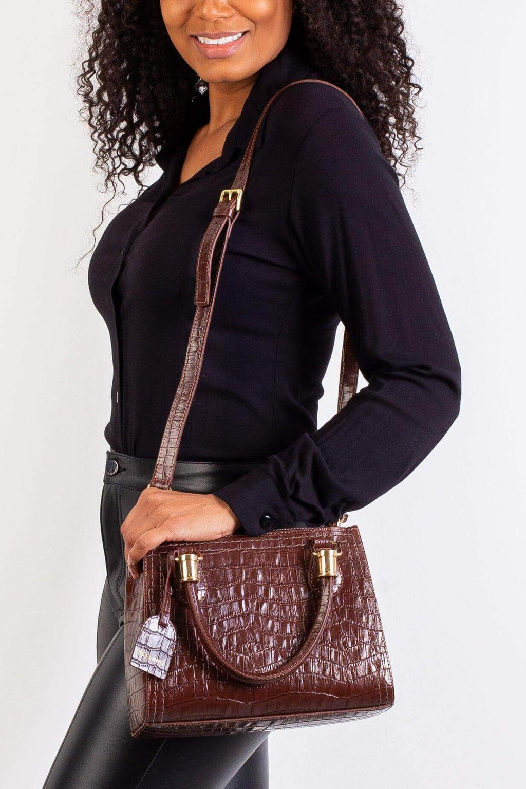 Bolsa baú de couro croco Andressa - Enluaze