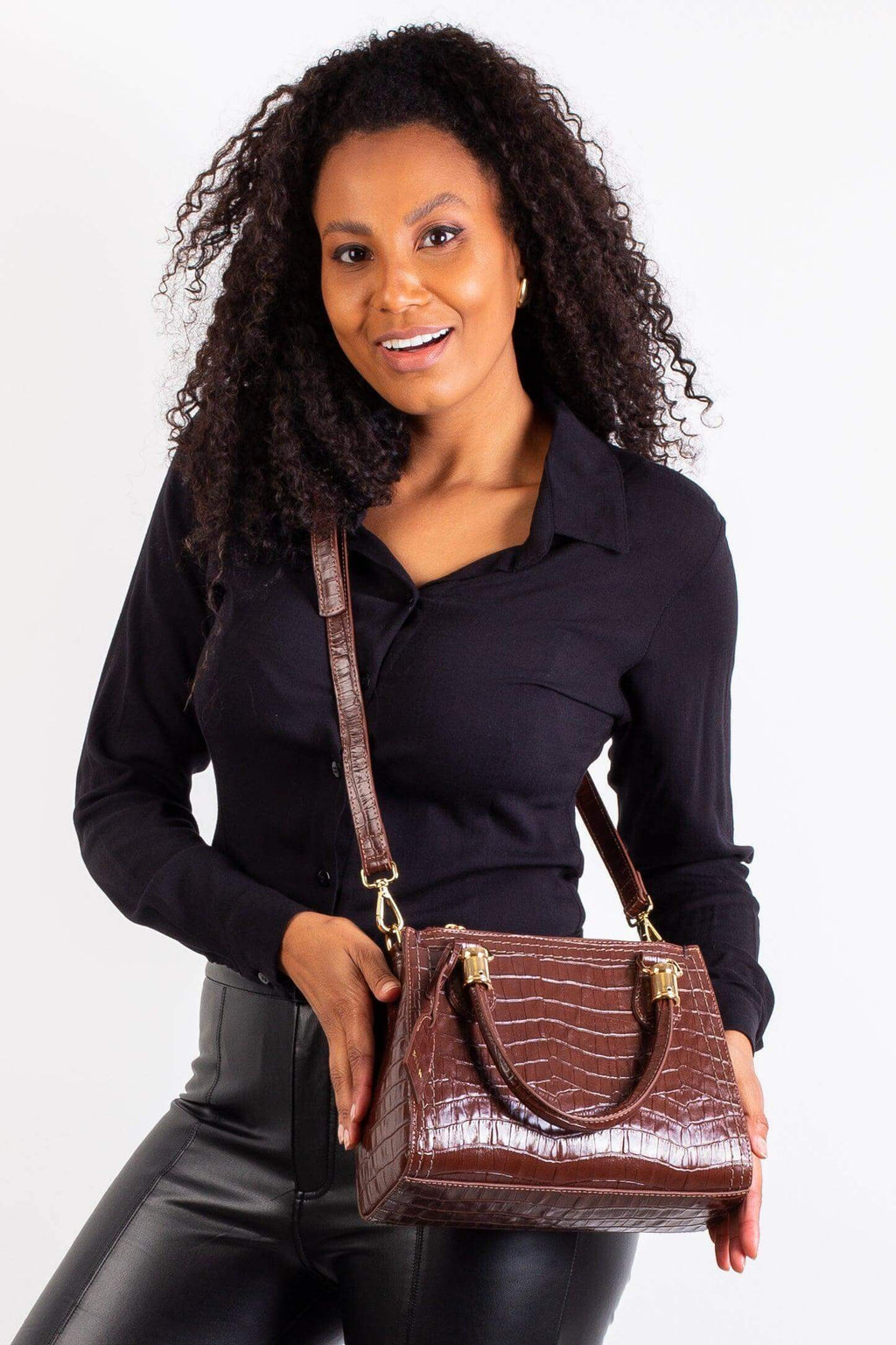 Bolsa baú de couro croco Andressa - Enluaze