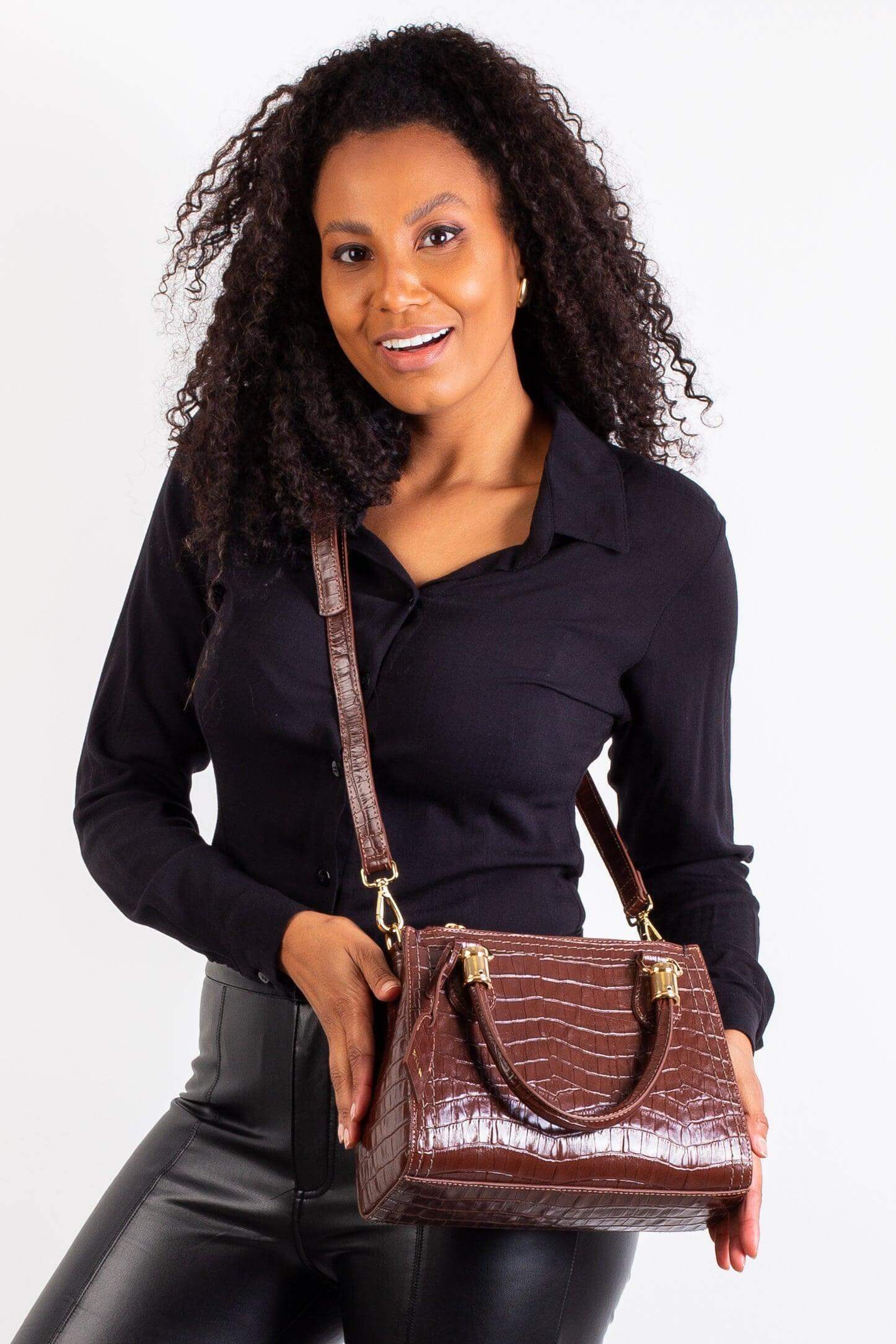 Bolsa baú de couro croco Andressa - Enluaze