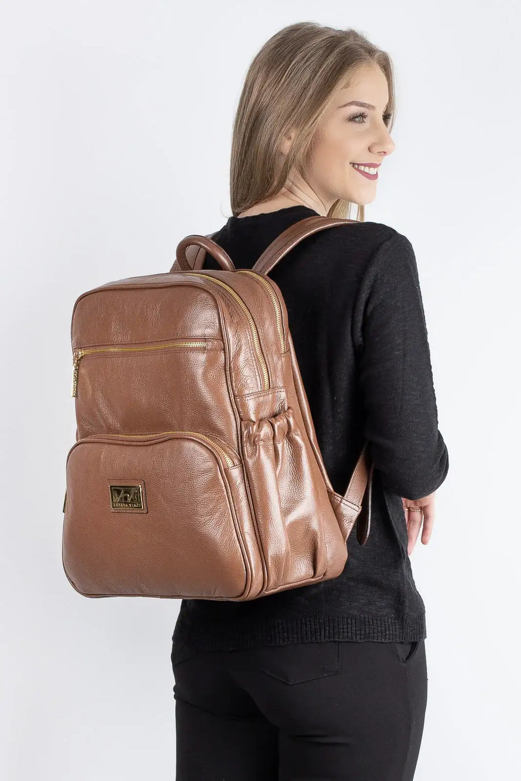 Mochila grande de couro liso Zooey - Enluaze