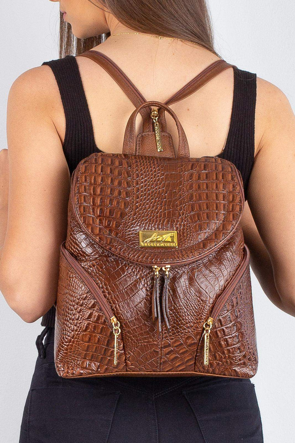 Mochila pequena de couro croco Cecília - Enluaze