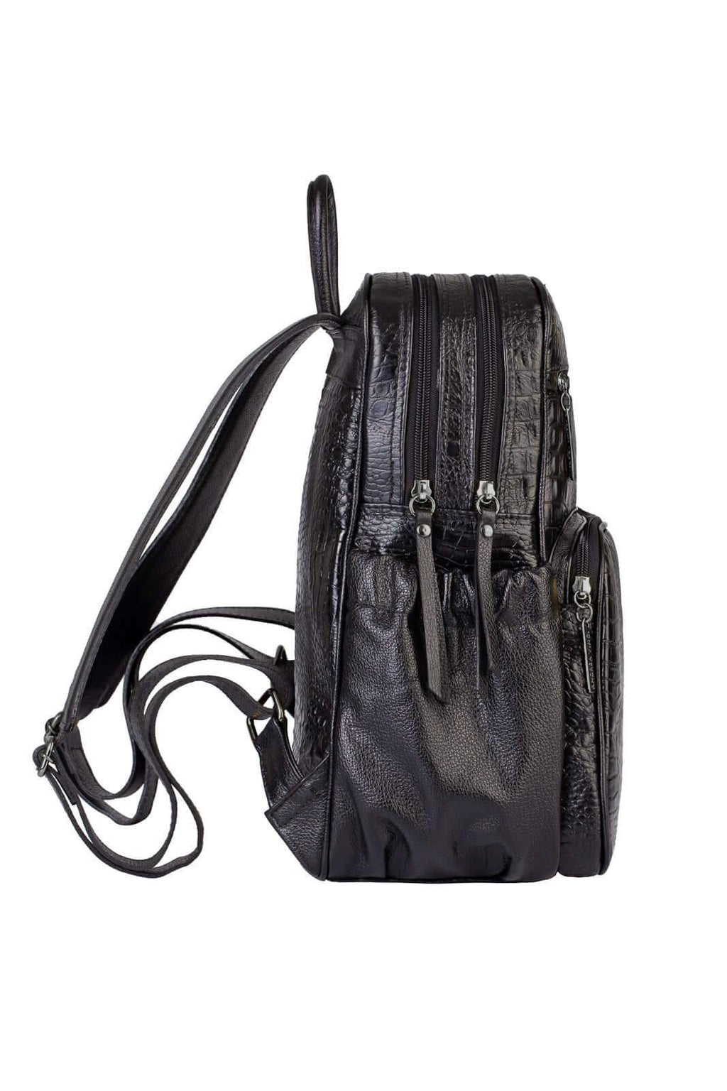 Mochila feminina de couro croco metais grafite Zaya - Enluaze