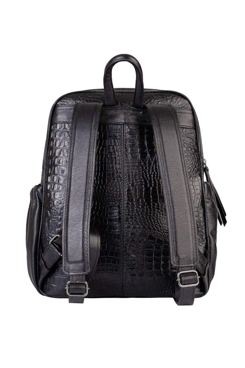Mochila feminina de couro croco metais grafite Zaya - Enluaze