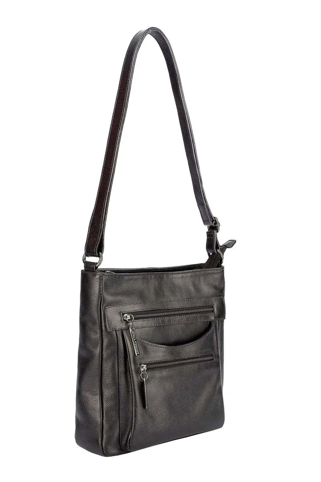 Bolsa tiracolo em couro liso metais grafite Thais - Enluaze