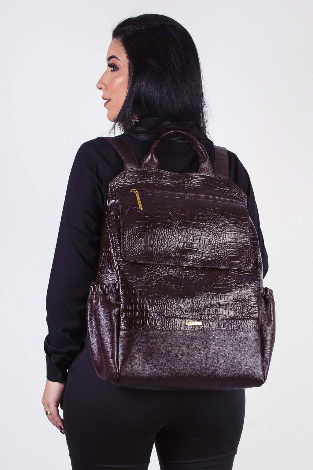 Mochila antifurto grande de couro croco Suzana - Enluaze