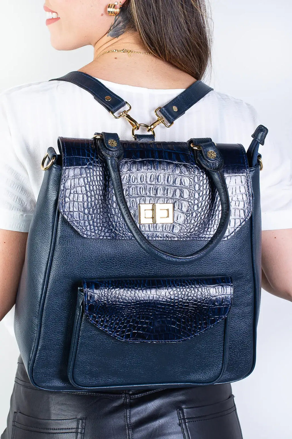 Mochila 2 em 1 de couro croco Joanna - Enluaze