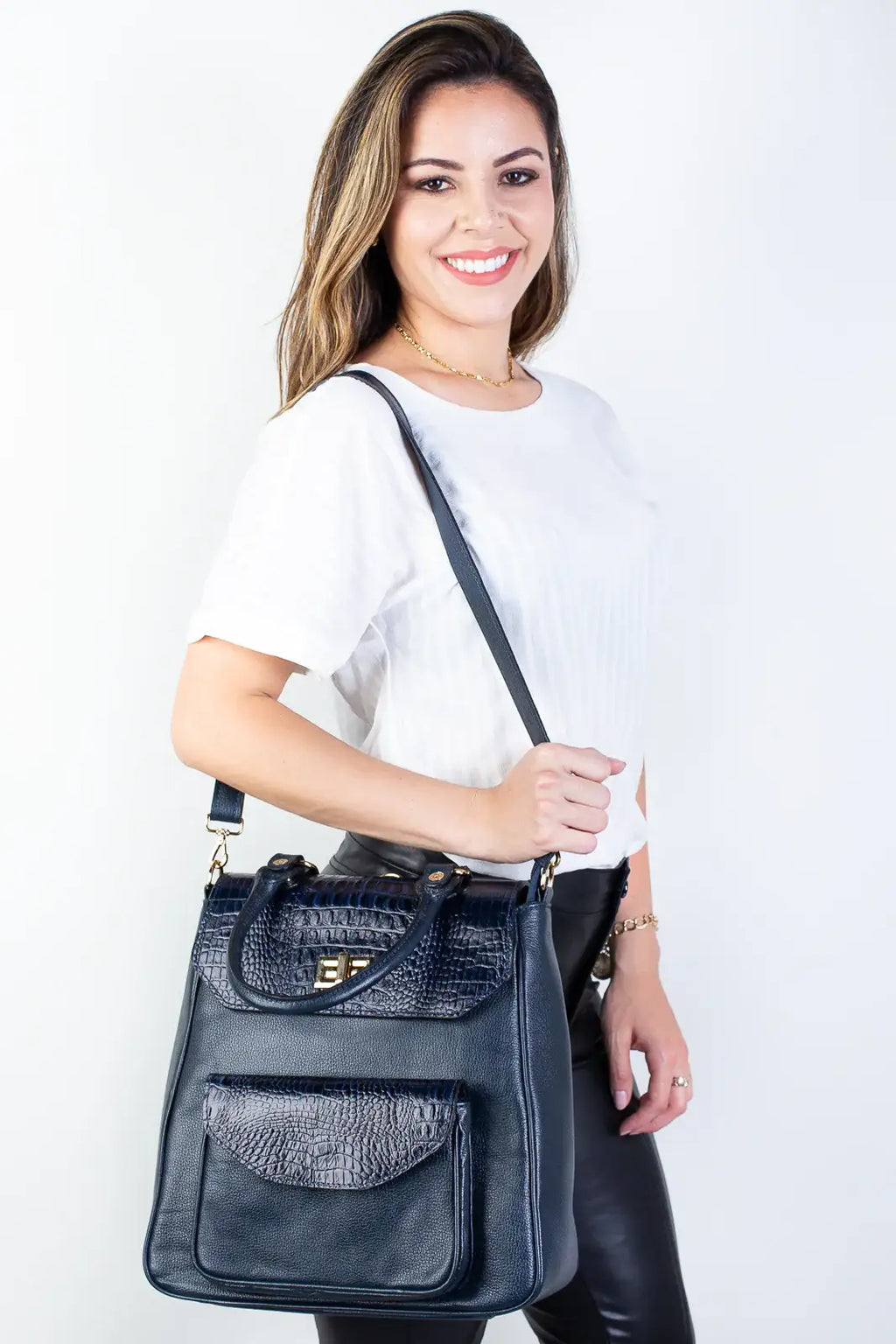 Mochila 2 em 1 de couro croco Joanna - Enluaze
