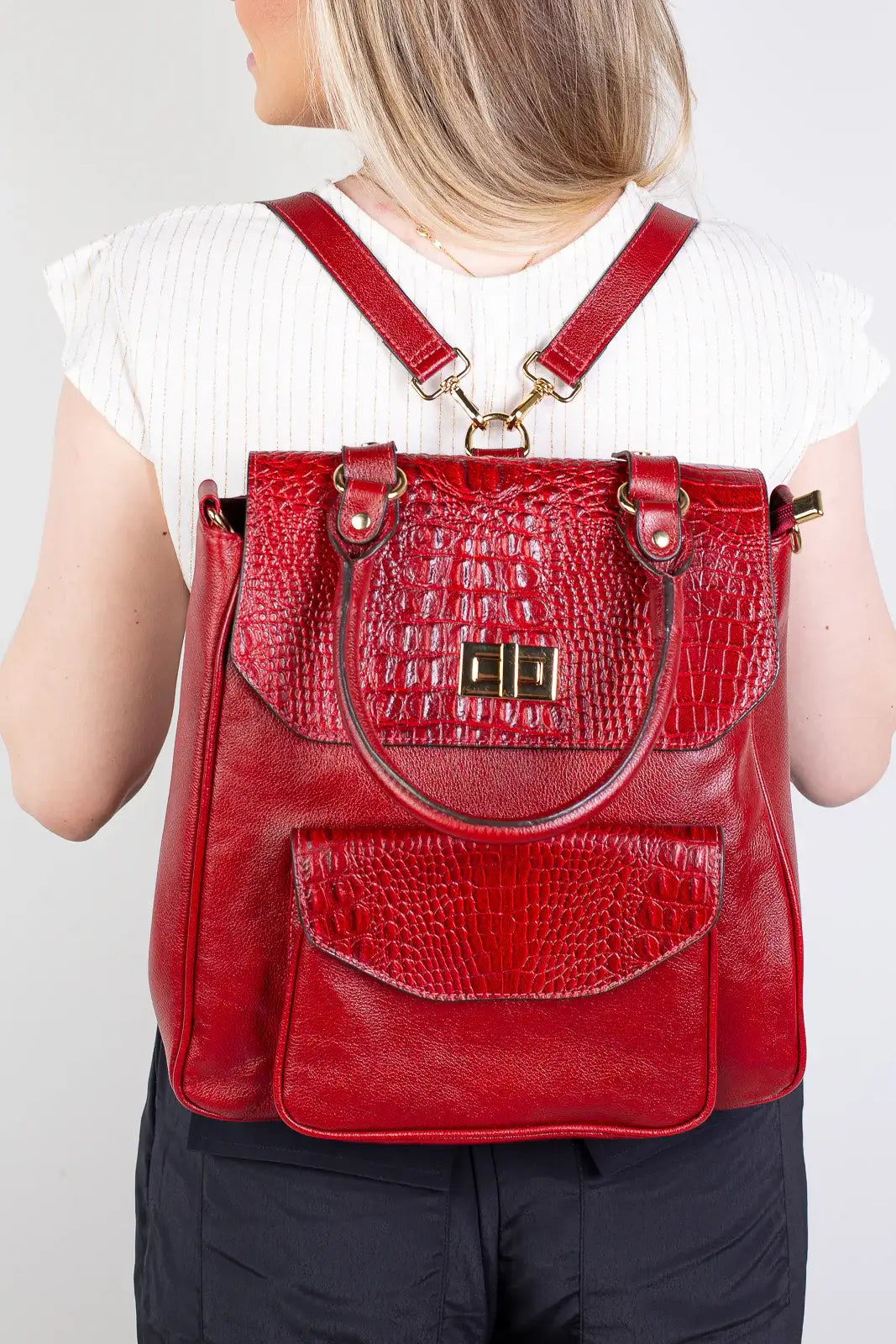 Mochila 2 em 1 de couro croco Joanna - Enluaze
