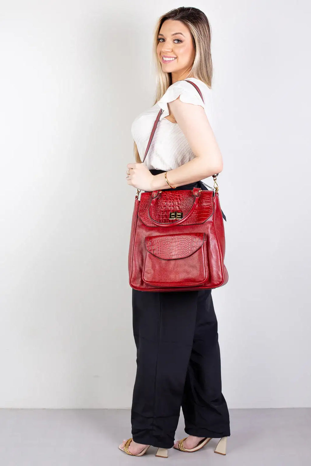 Mochila 2 em 1 de couro croco Joanna - Enluaze