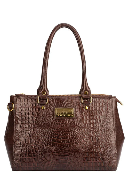 Bolsa de couro croco grande com divisórias Toffee - Enluaze