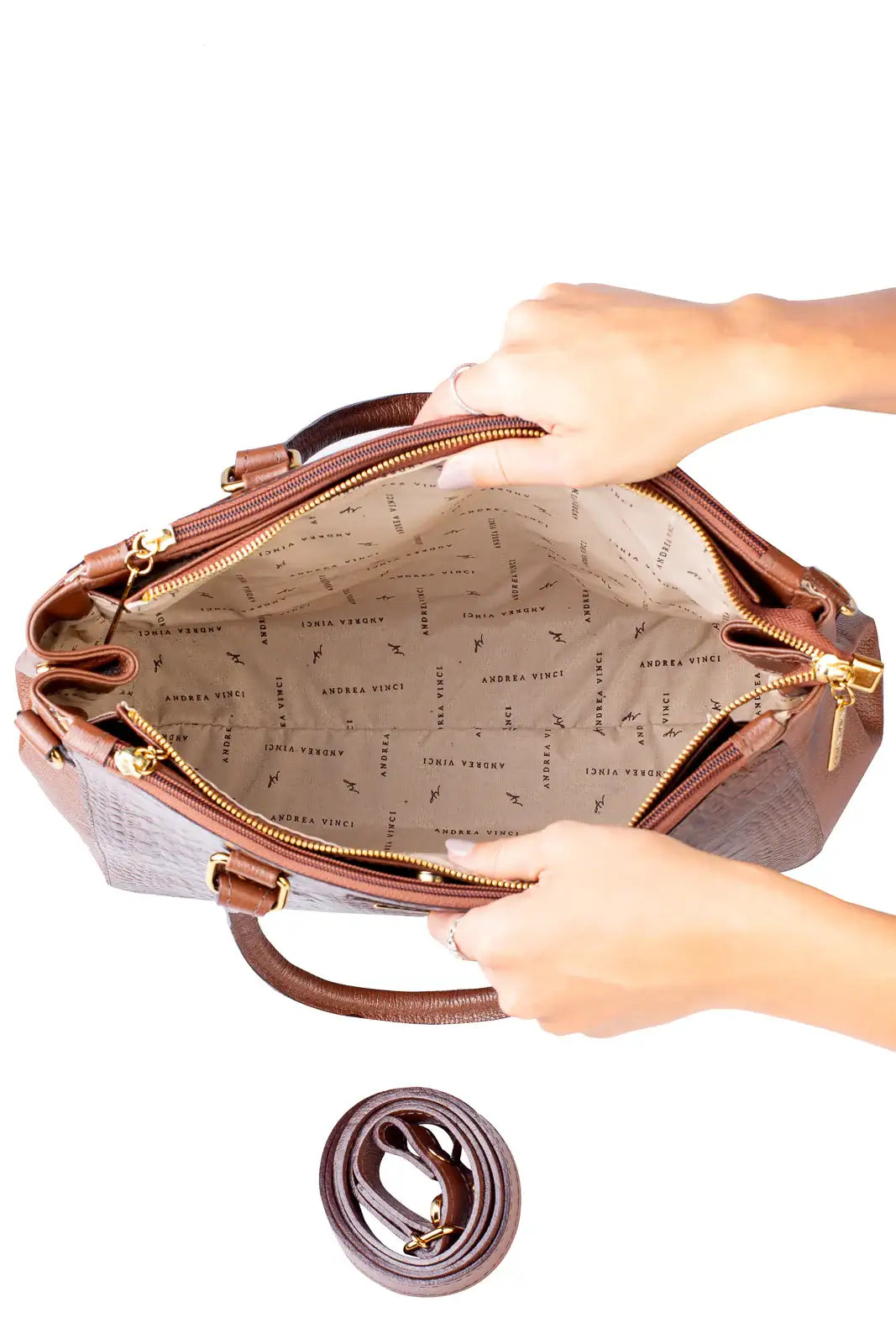 Bolsa de couro croco grande com divisórias Toffee - Enluaze