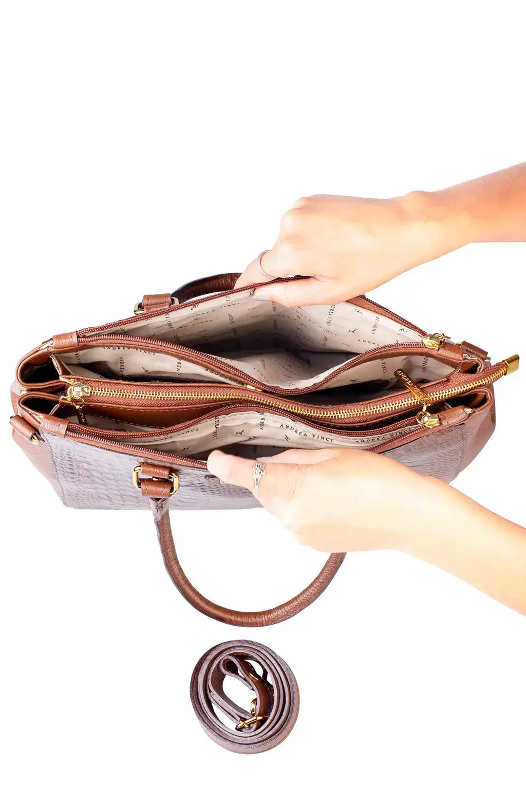 Bolsa de couro croco grande com divisórias Toffee - Enluaze