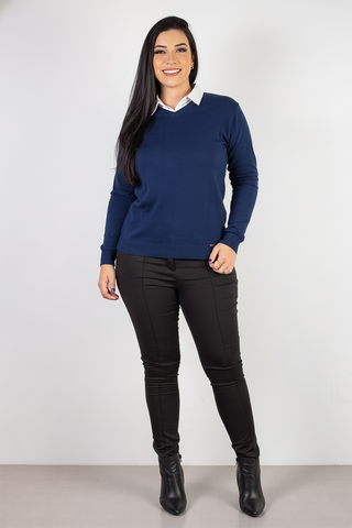 Suéter gola V feminino de tricô 60004