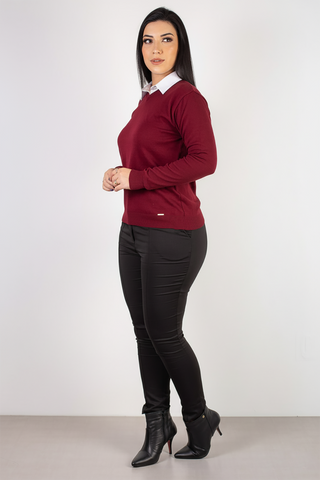 Suéter gola V feminino de tricô 60004