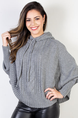 Poncho de malha feminino com manga  e capuz 61303