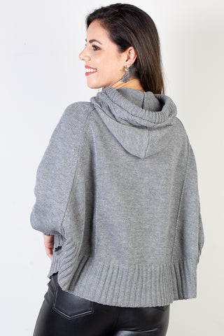 Poncho de malha feminino com manga  e capuz 61303