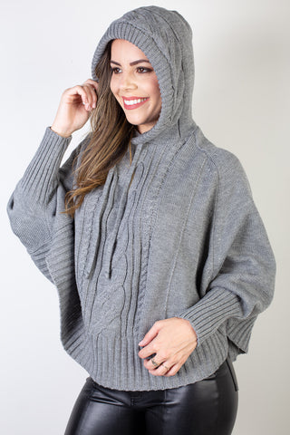 Poncho de malha feminino com manga  e capuz 61303