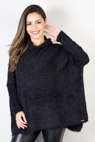 Poncho feminino de malha gola alta com manga 61497