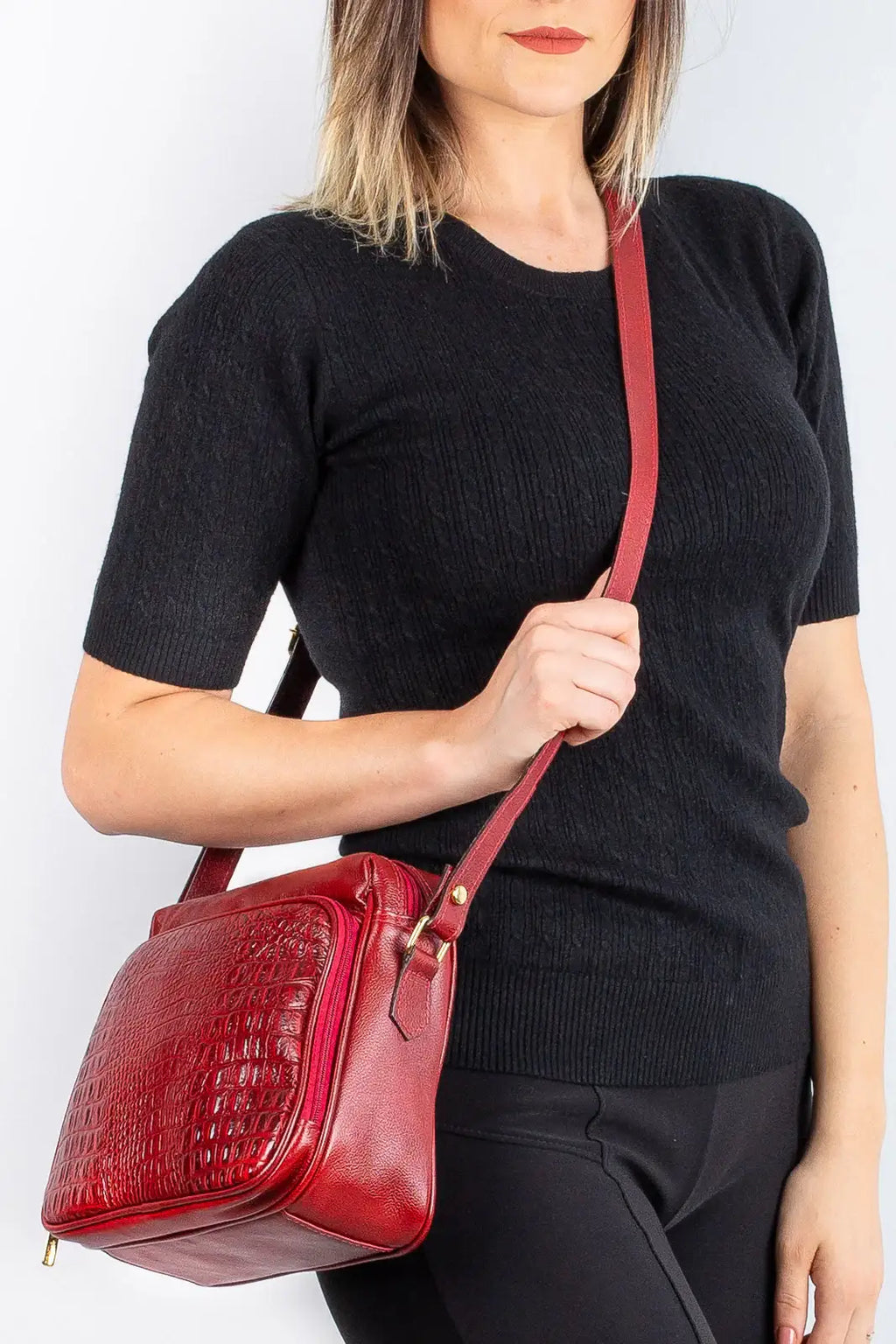 Bolsa de couro croco tiracolo com divisórias Rita - Enluaze