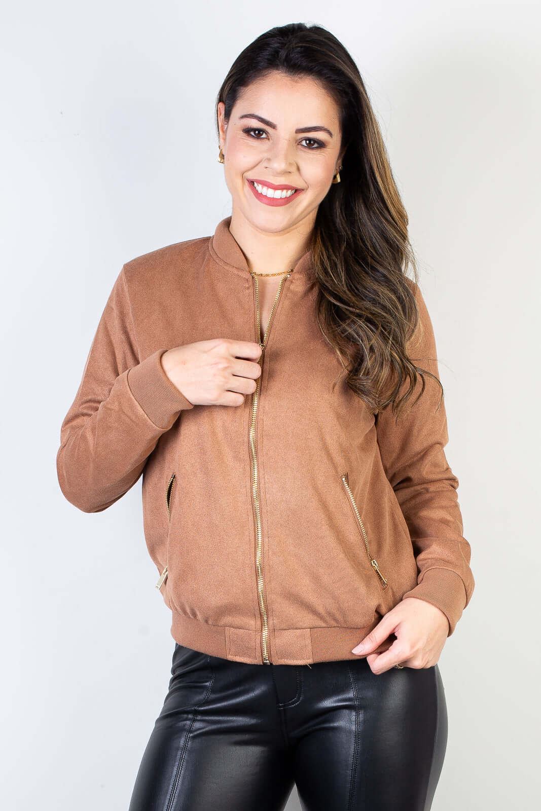 Jaqueta feminina suede forrada com bolsos 70414 - Enluaze - Vestuário e Acessórios em Couro Legítimo