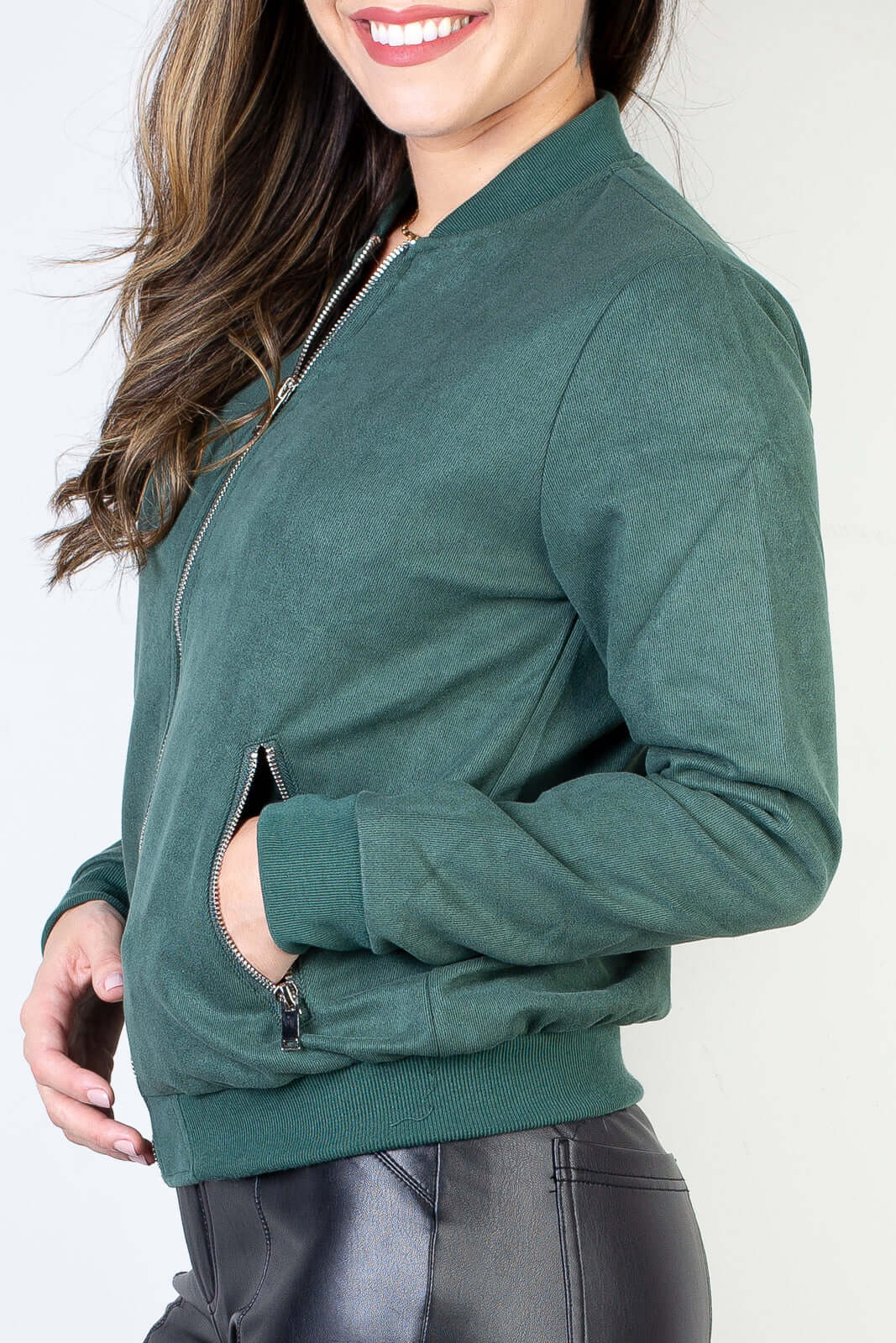 Jaqueta feminina suede forrada com bolsos 70414 - Enluaze - Vestuário e Acessórios em Couro Legítimo