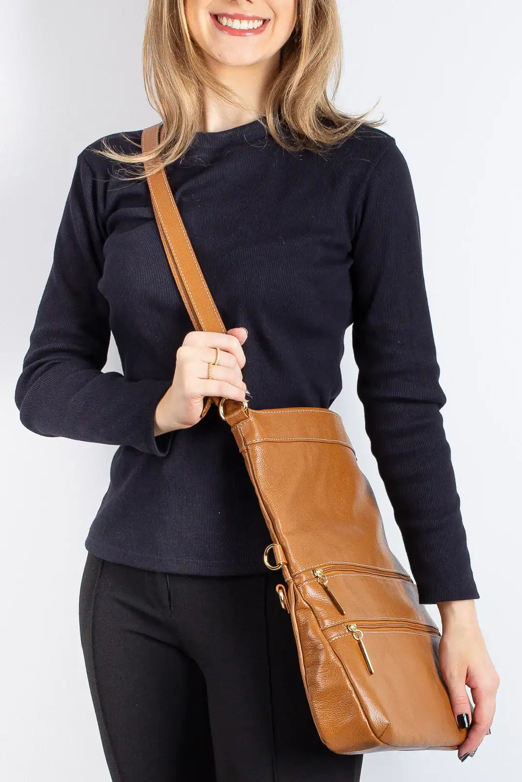 Bolsa tiracolo grande de couro liso Cida - Enluaze