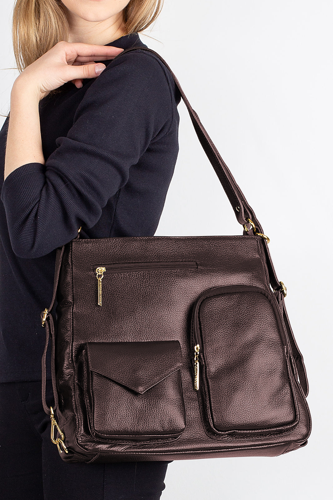 Bolsa mochila de couro liso Érica - Enluaze