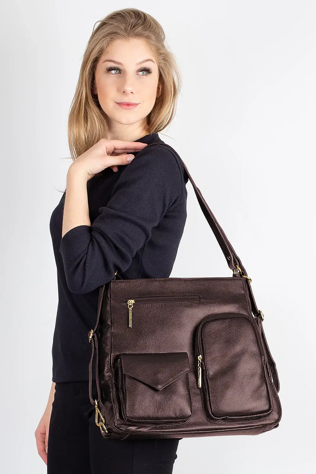 Bolsa mochila de couro liso Érica - Enluaze