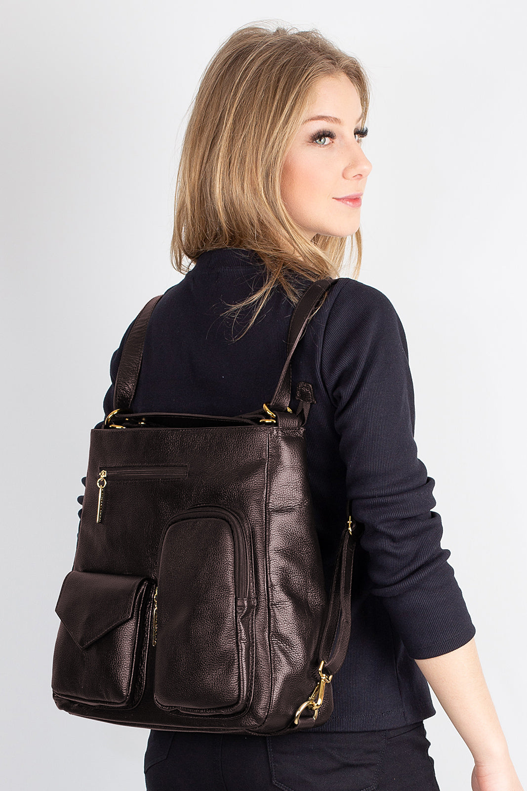 Bolsa mochila de couro liso Érica - Enluaze