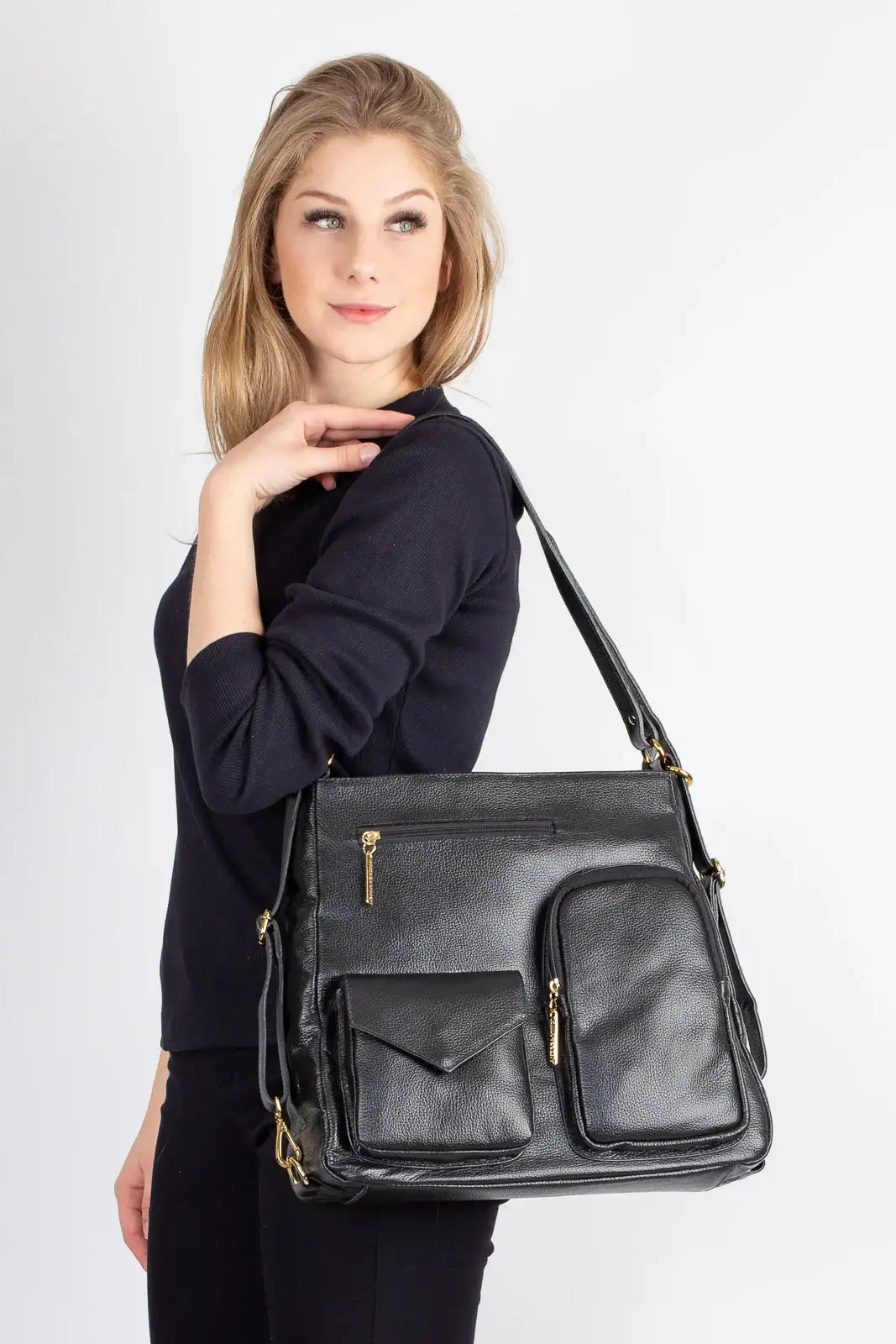 Bolsa mochila de couro liso Érica - Enluaze