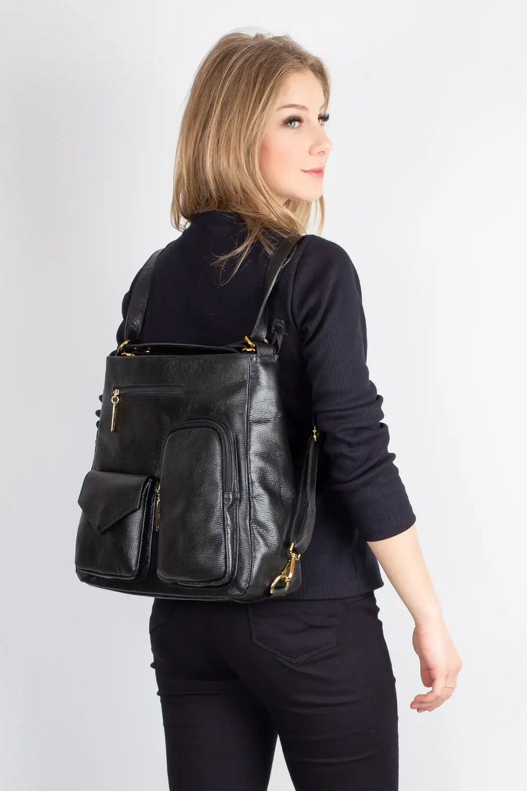 Bolsa mochila de couro liso Érica - Enluaze