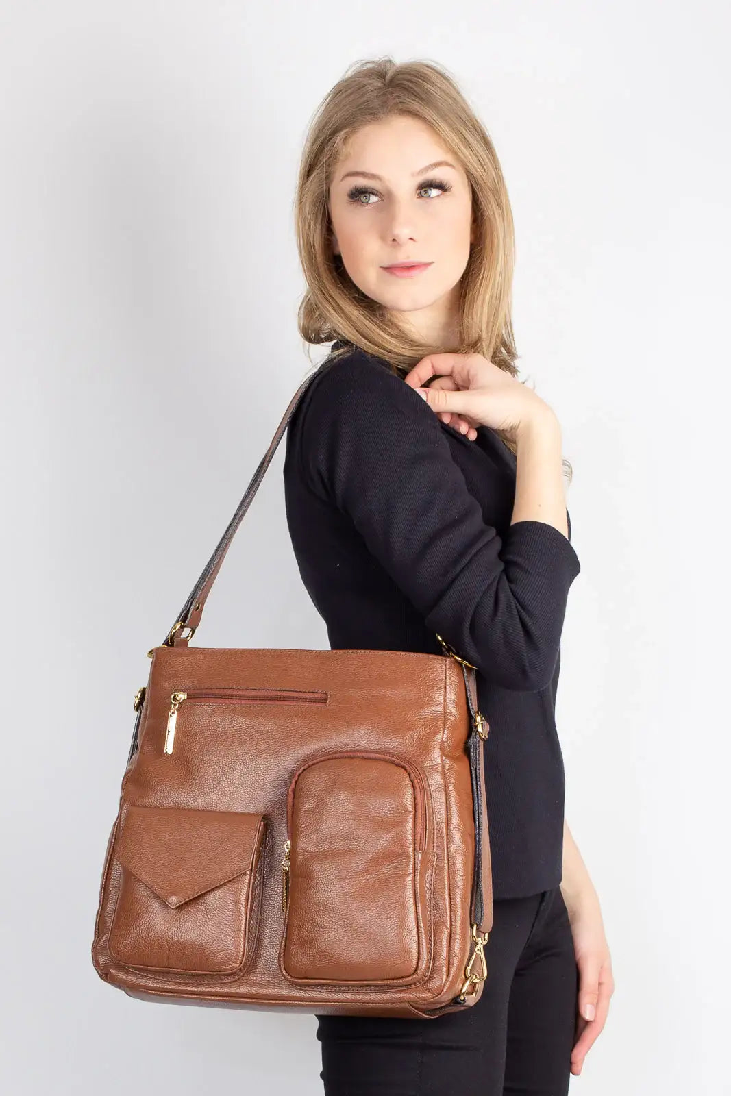 Bolsa mochila de couro liso Érica - Enluaze