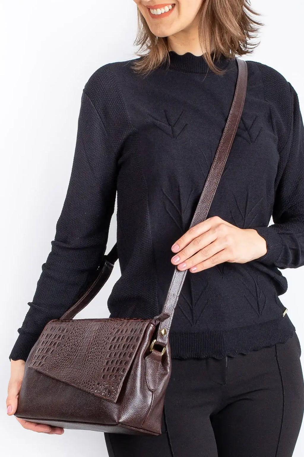 Bolsa tiracolo de couro croco com tampa Rose - Enluaze