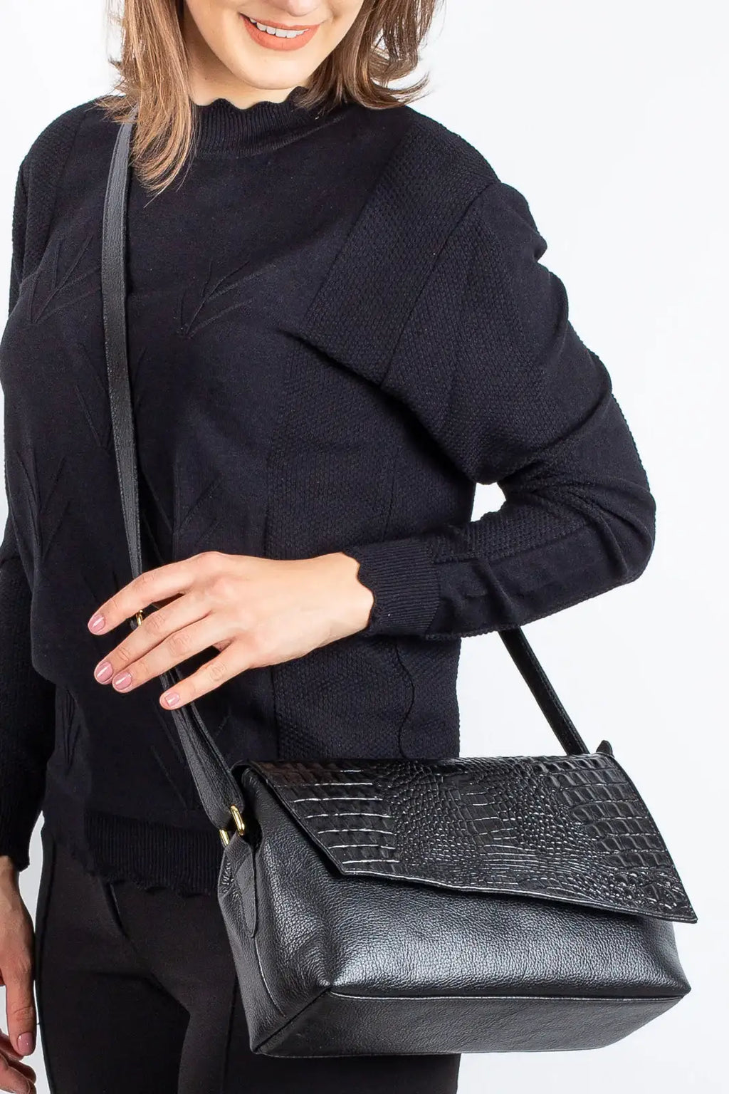 Bolsa tiracolo de couro croco com tampa Rose - Enluaze