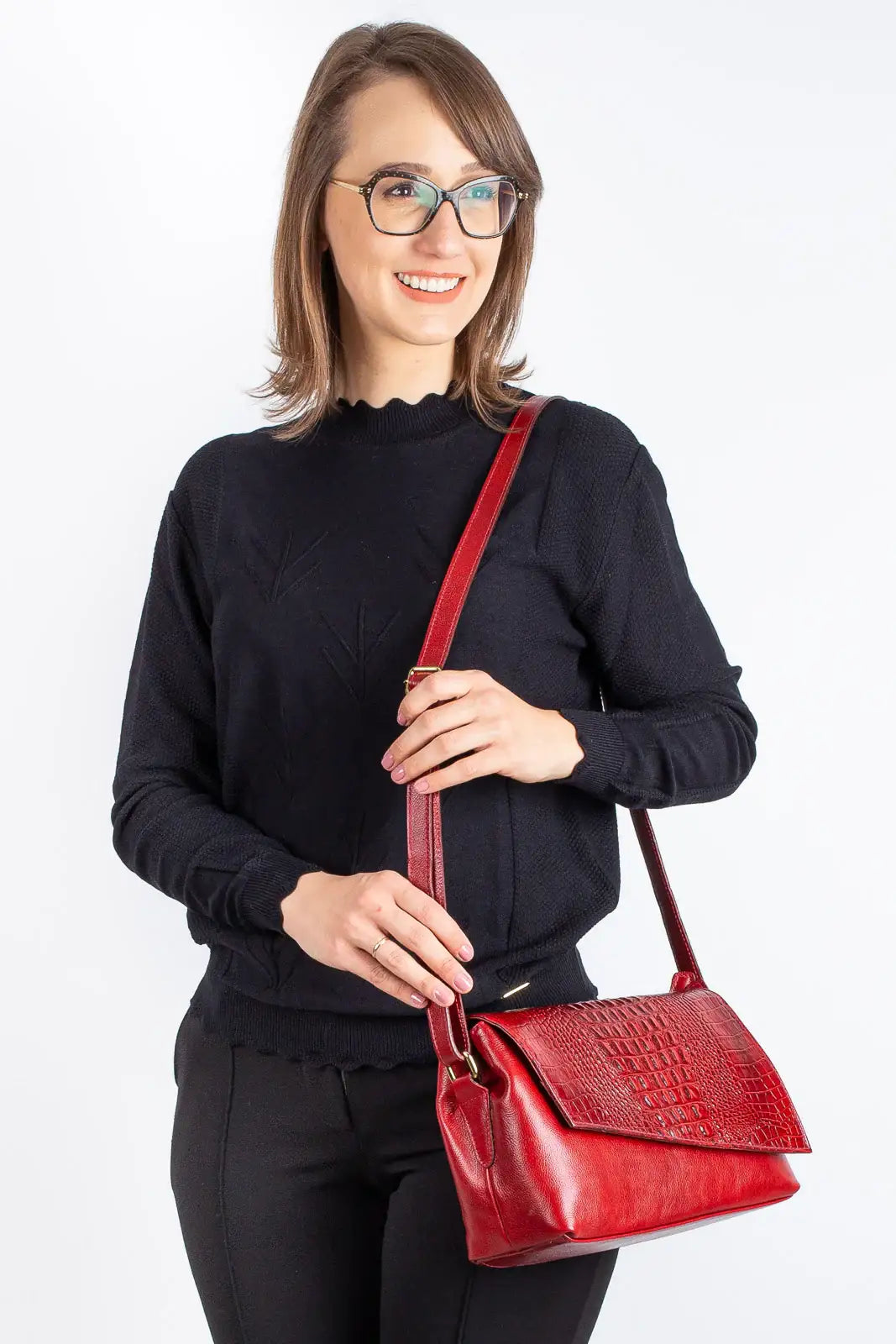 Bolsa tiracolo de couro croco com tampa Rose - Enluaze
