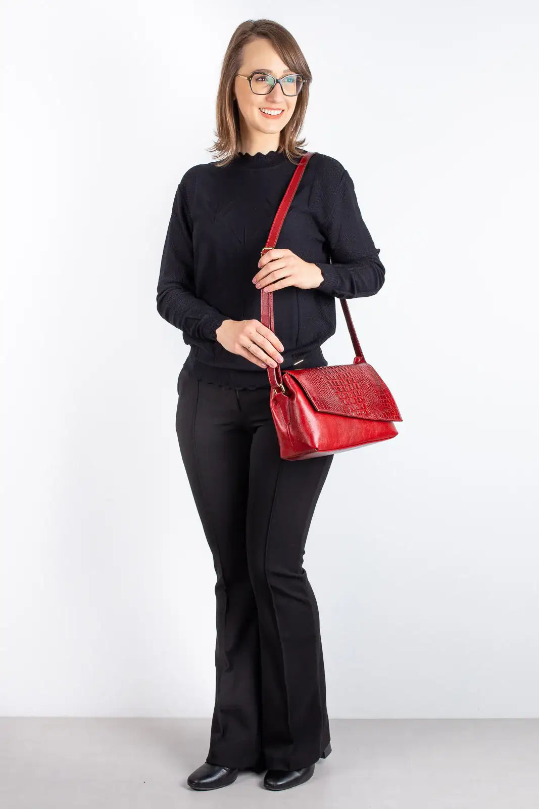 Bolsa tiracolo de couro croco com tampa Rose - Enluaze
