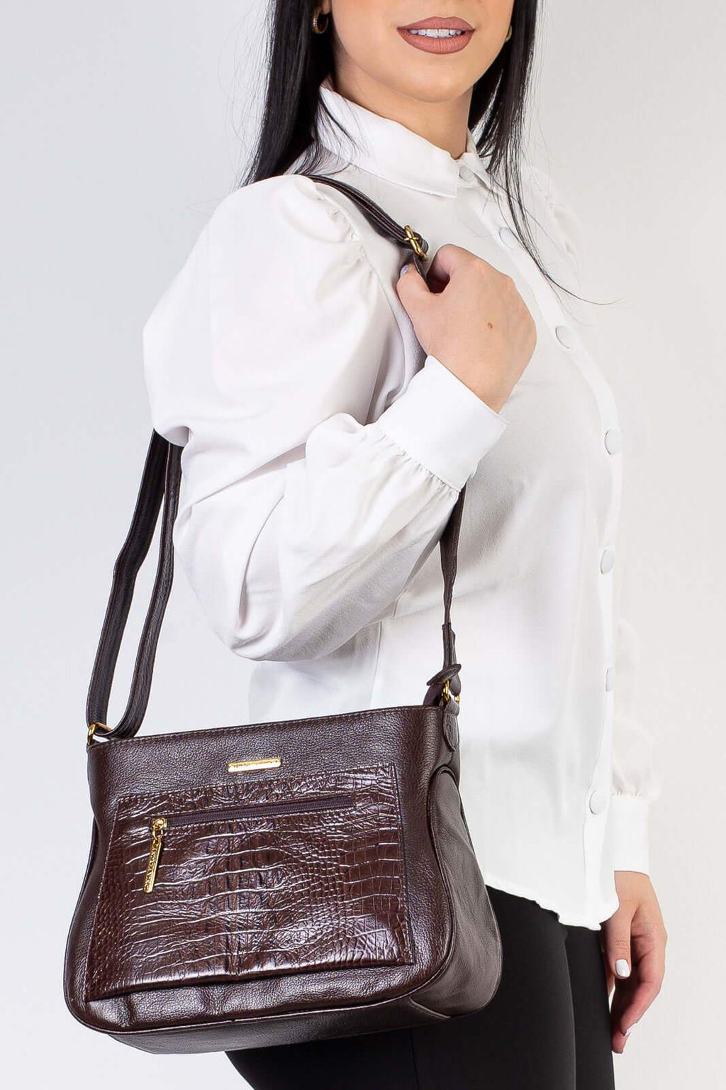 Bolsa feminina tiracolo de couro croco Maísa - Enluaze