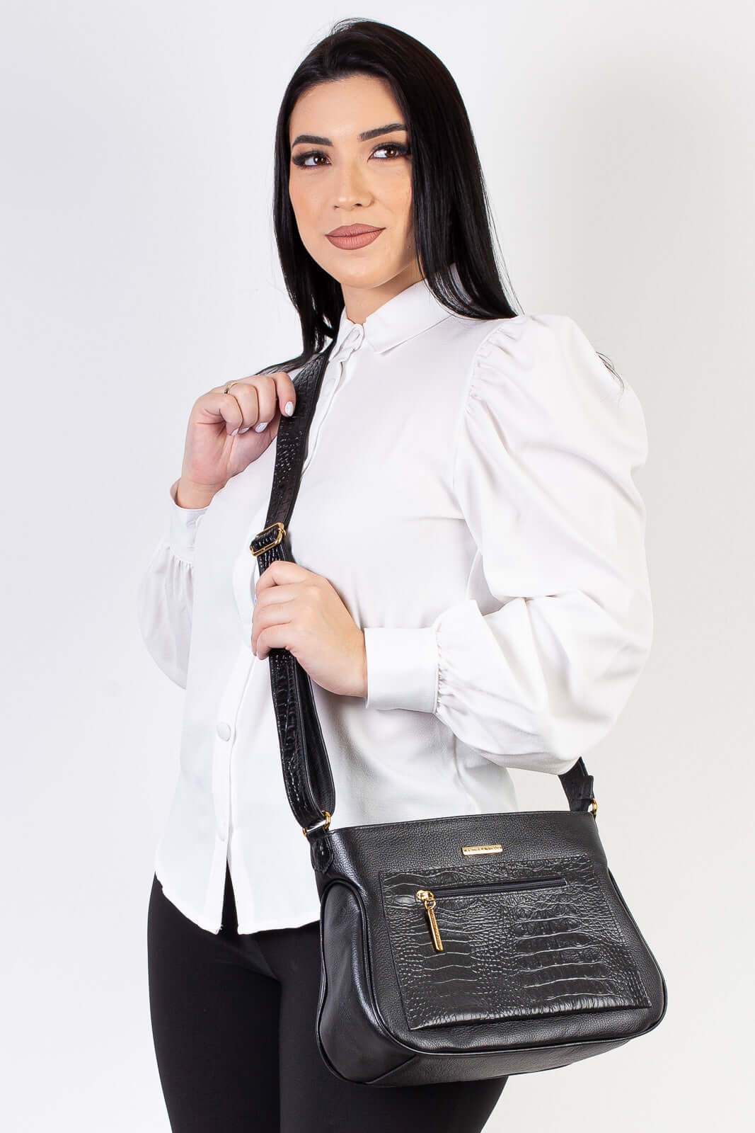Bolsa feminina tiracolo de couro croco Maísa - Enluaze