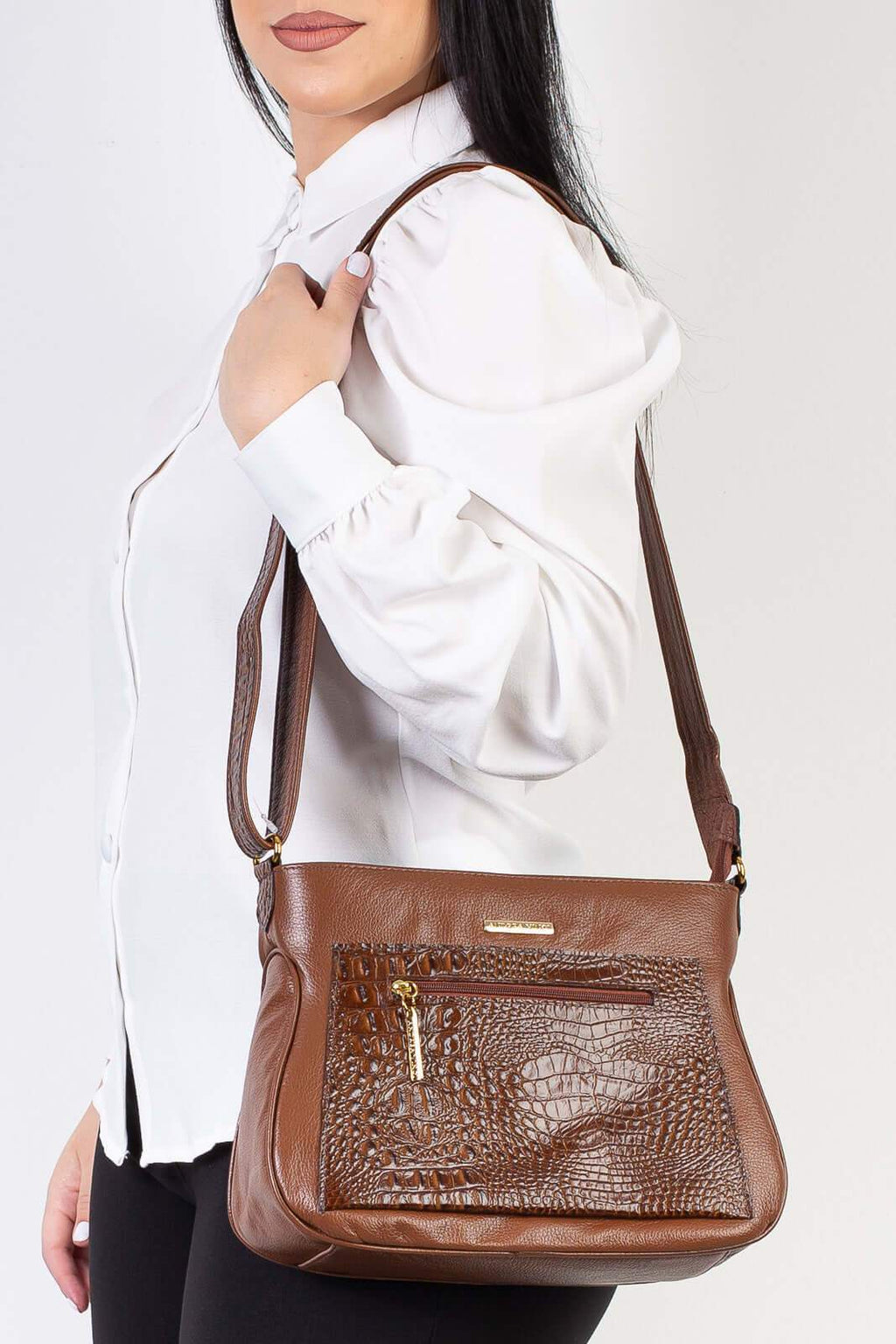 Bolsa feminina tiracolo de couro croco Maísa - Enluaze