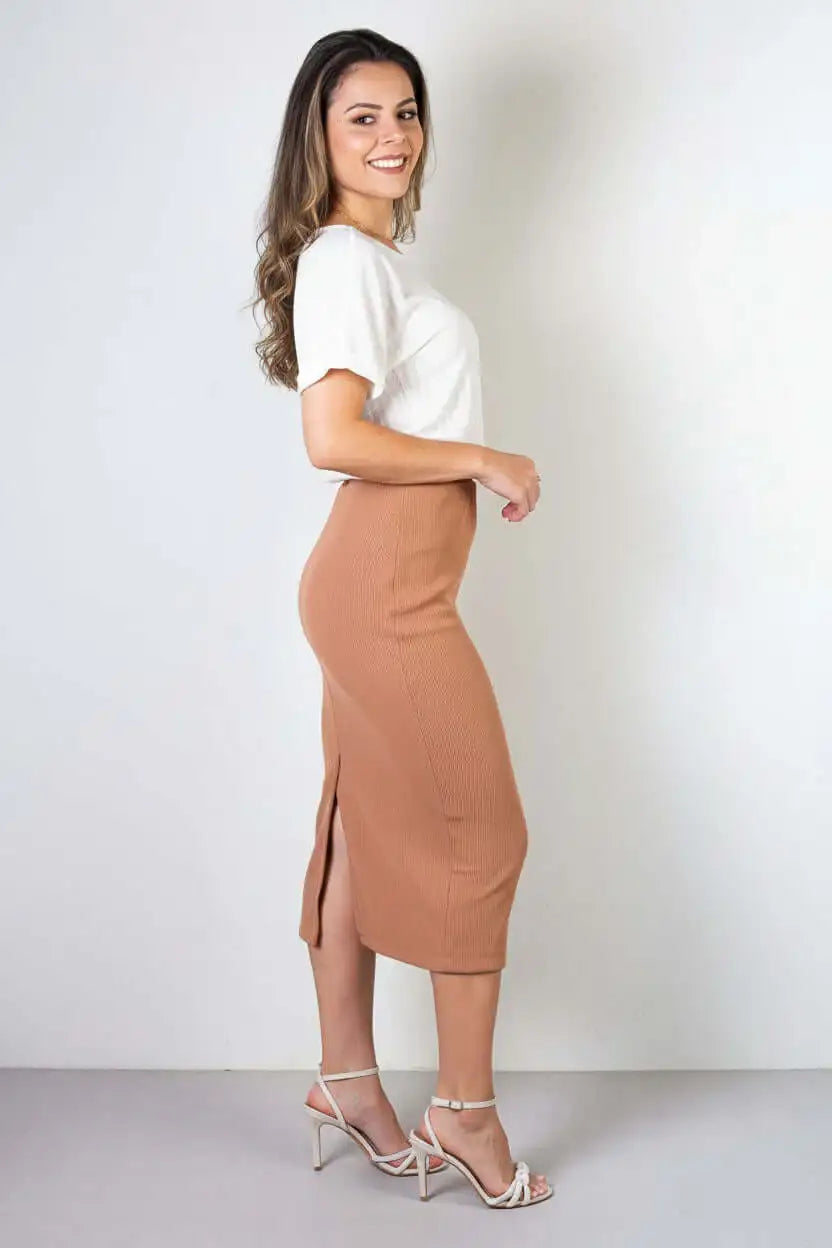 Saia midi feminina ribana canelada 71502 - Enluaze