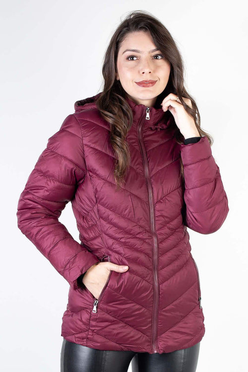 Jaqueta feminina de nylon alongada com capuz 80236 - Enluaze