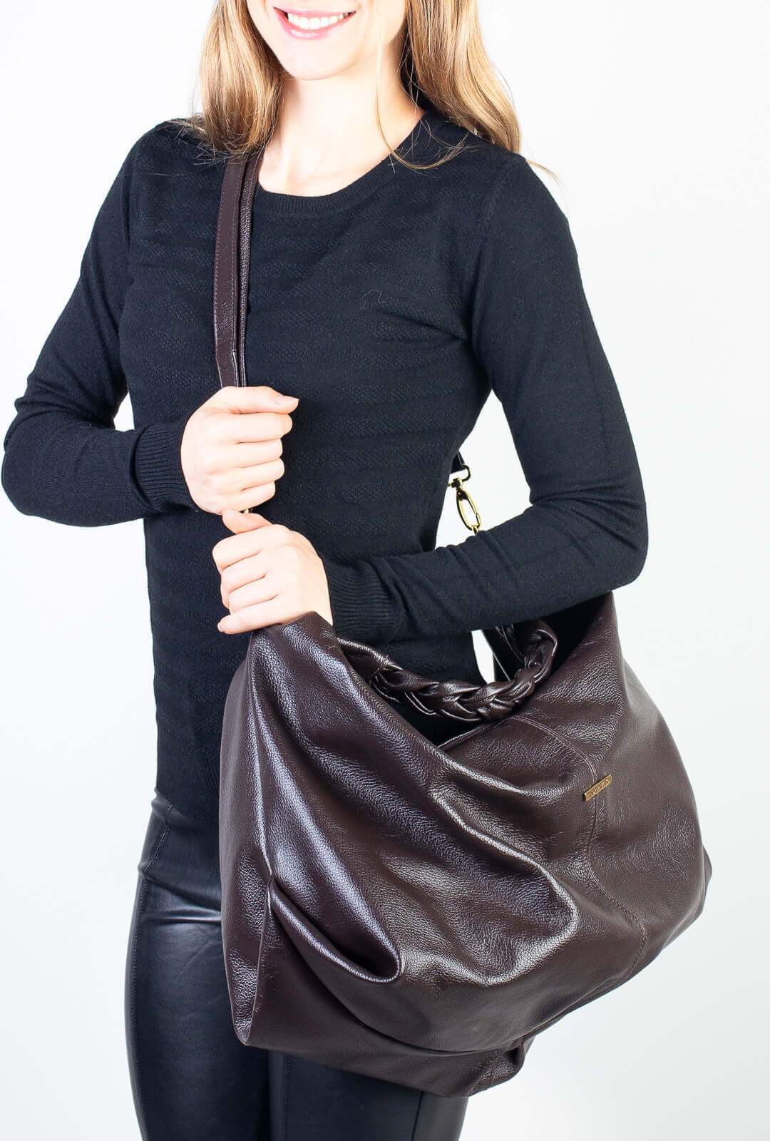 Bolsa saco grande de couro liso Cassia - Enluaze