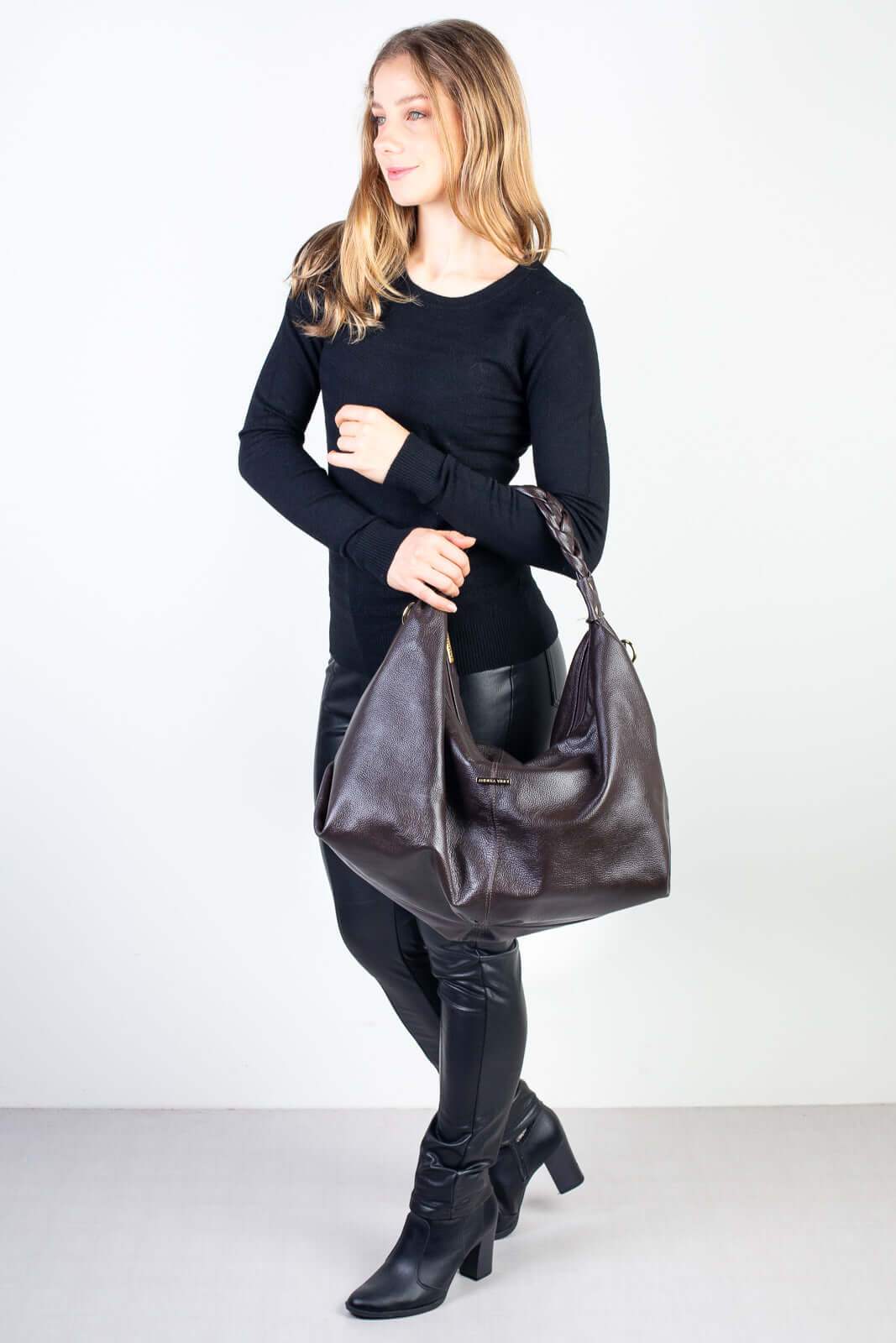 Bolsa saco grande de couro liso Cassia - Enluaze