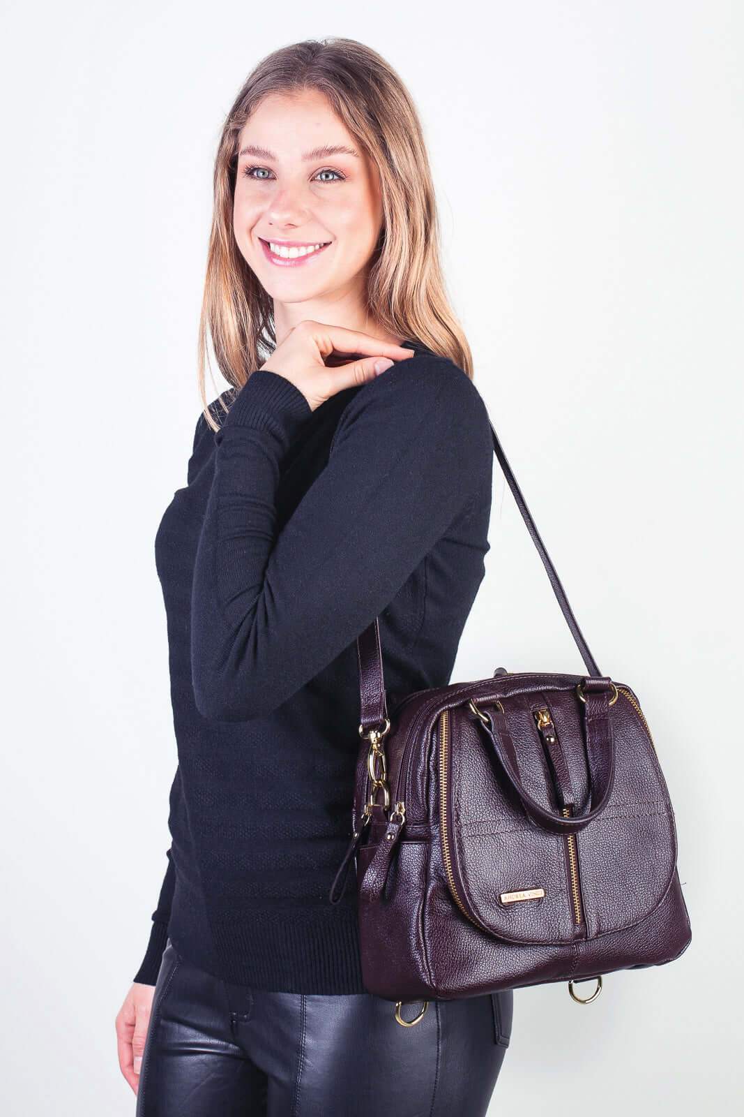 Bolsa mochila 2 em 1 em couro liso Marina - Enluaze